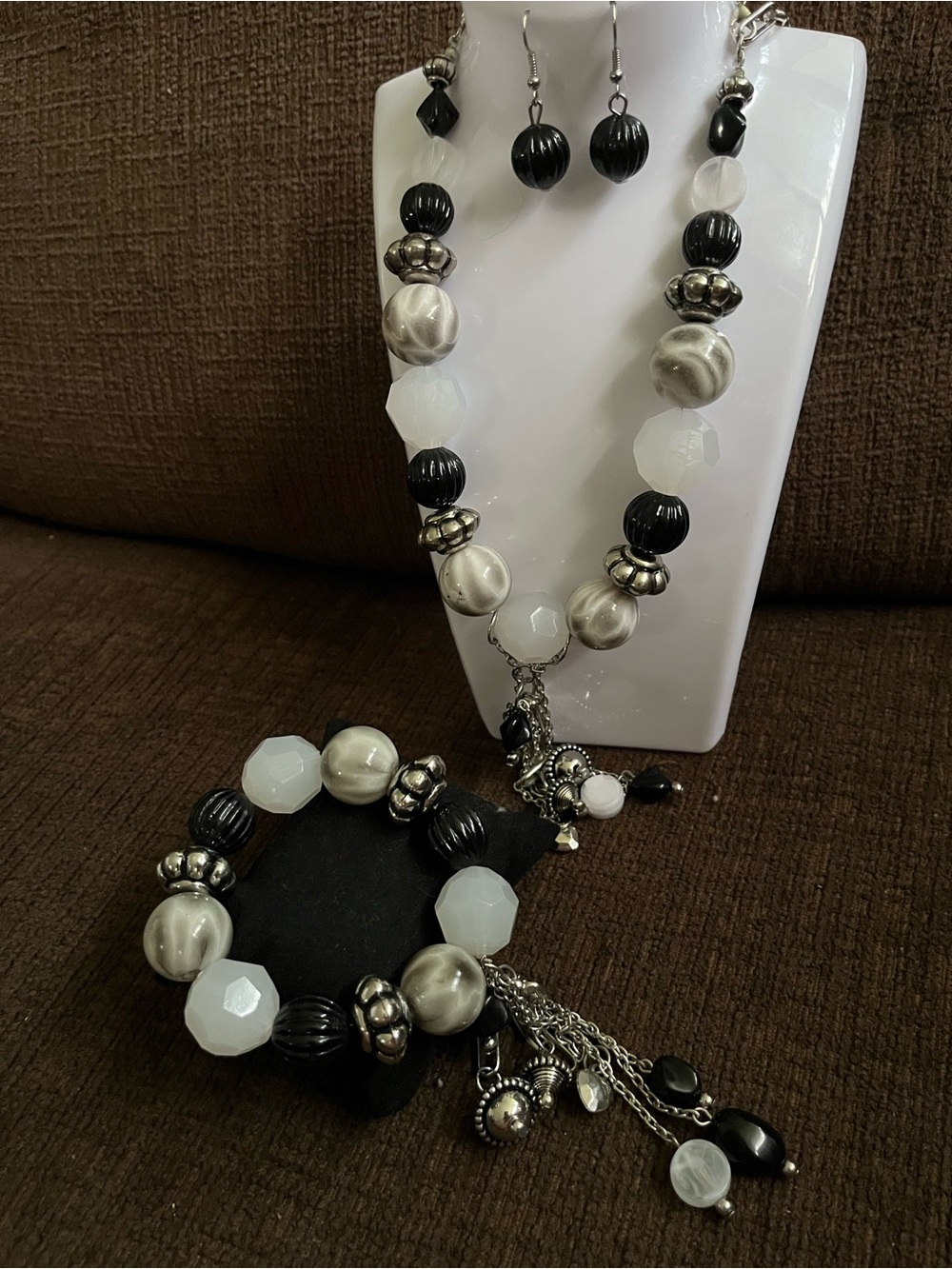 Elegant Black, White & Silver Beaded Necklace, Bracelet & Earring Set